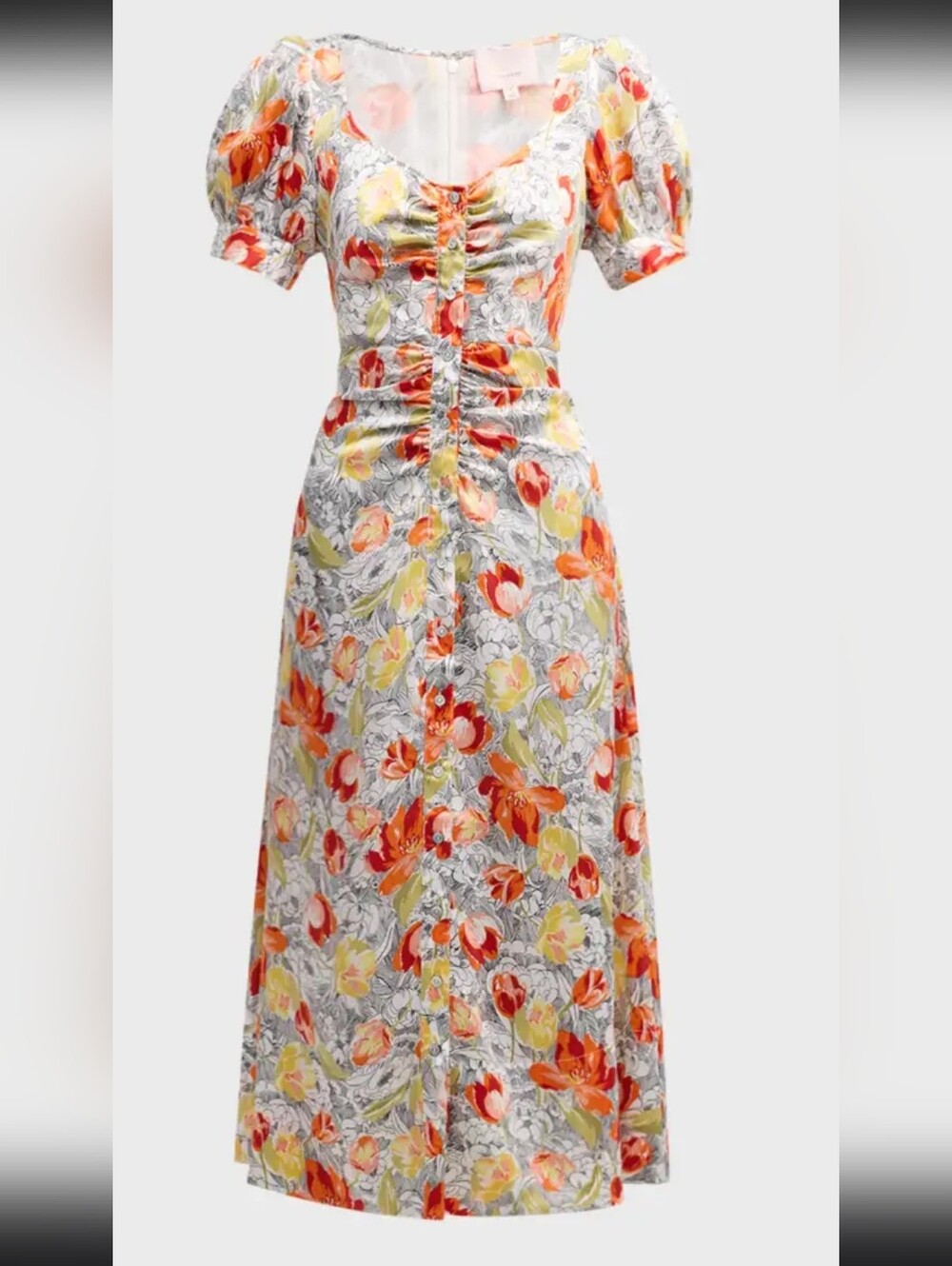 Cinq a Sept Ximena Ivory Multi Floral Puff Sleeve V-neck Midi Dress Size 4